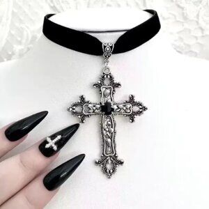 Black Choker with Large Silver Cross